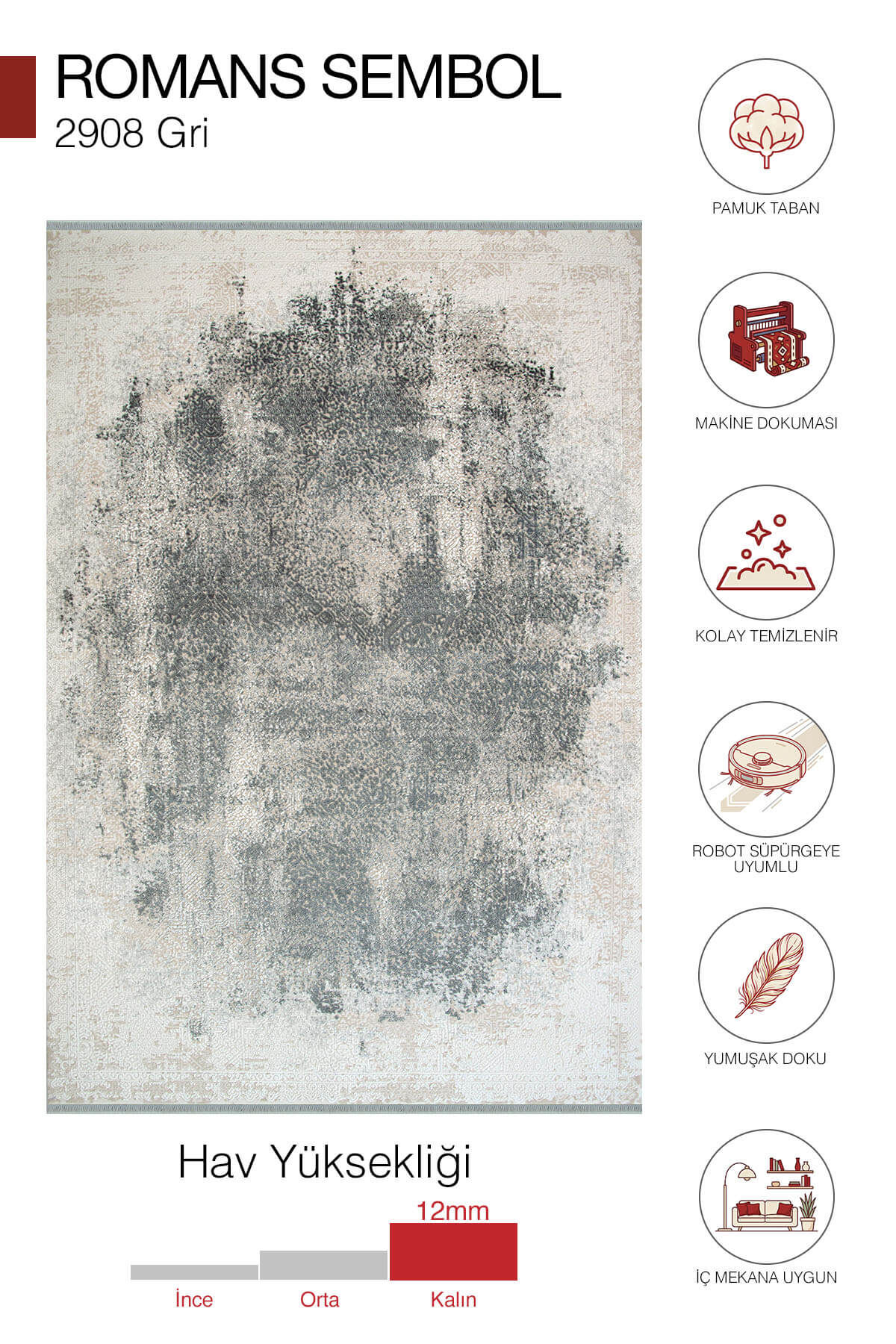Romans Sembol 2908 Gri Eskitme Desenli Akrilik Salon Halısı