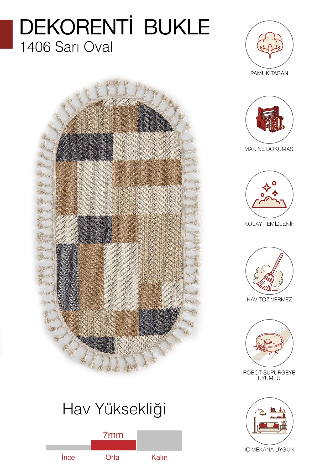 Dekorenti Bukle 1406 Sarı Oval – Geometrik Desenli Tozumaz Halı
