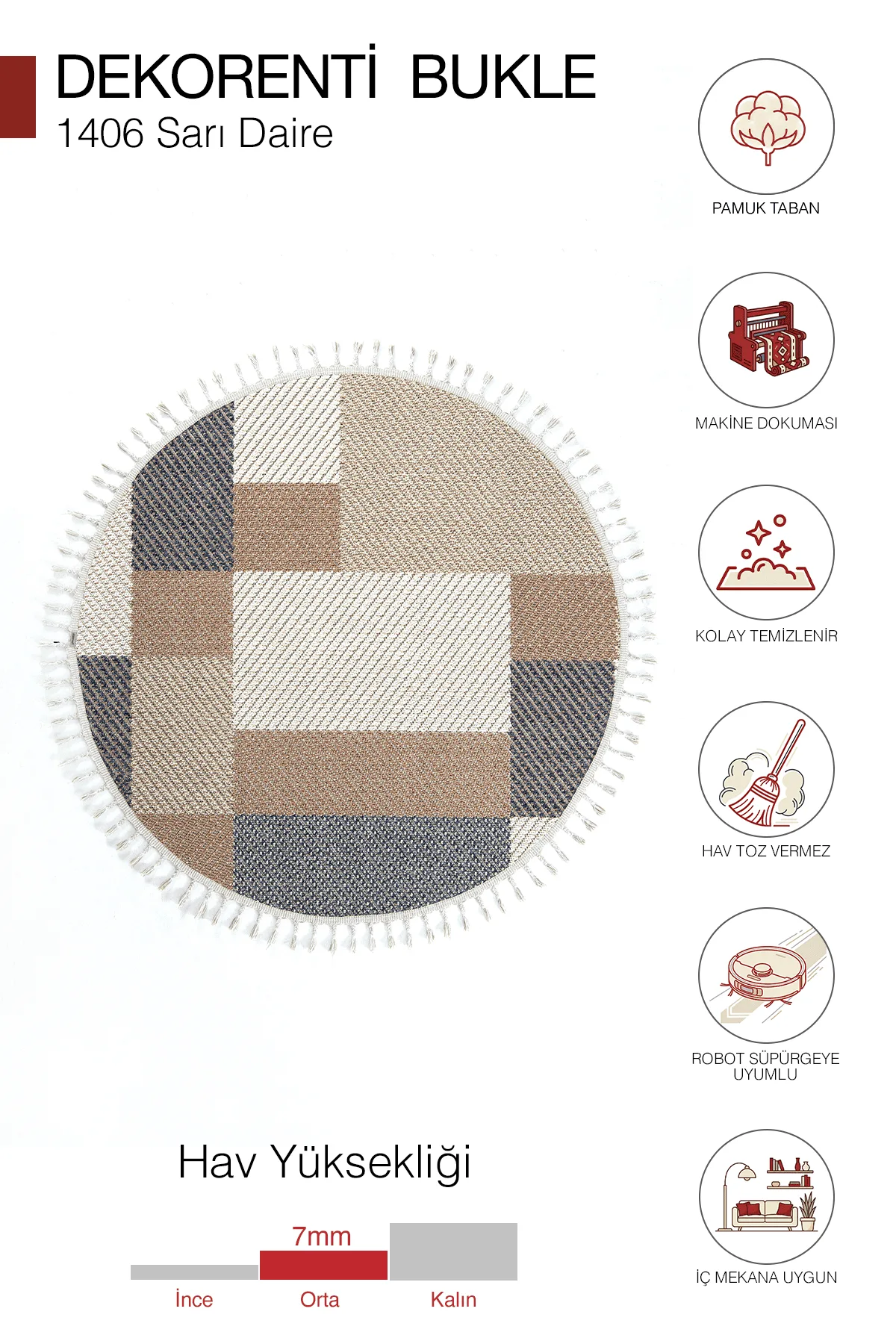 Dekorenti Bukle 1406 Sarı Daire – Geometrik Desenli Tozumaz Halı