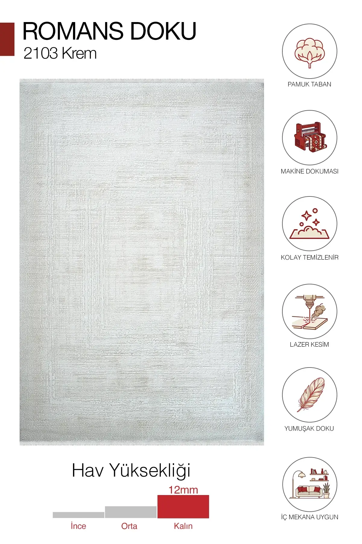 Romans Doku 2103 Krem Çerçeve Desenli Akrilik Salon Halısı