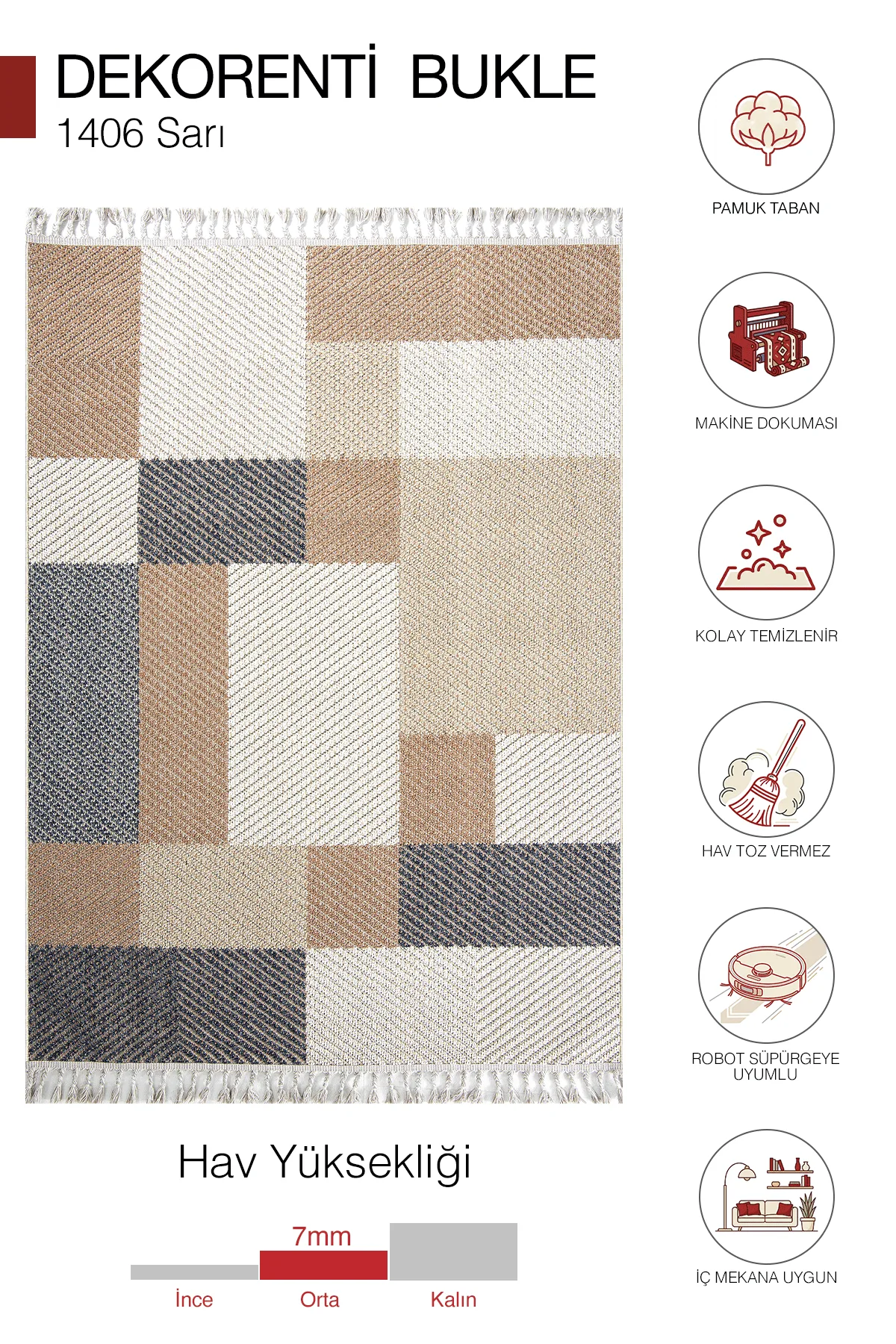 Dekorenti Bukle 1406 Sarı – Geometrik Desenli Tozumaz Halı