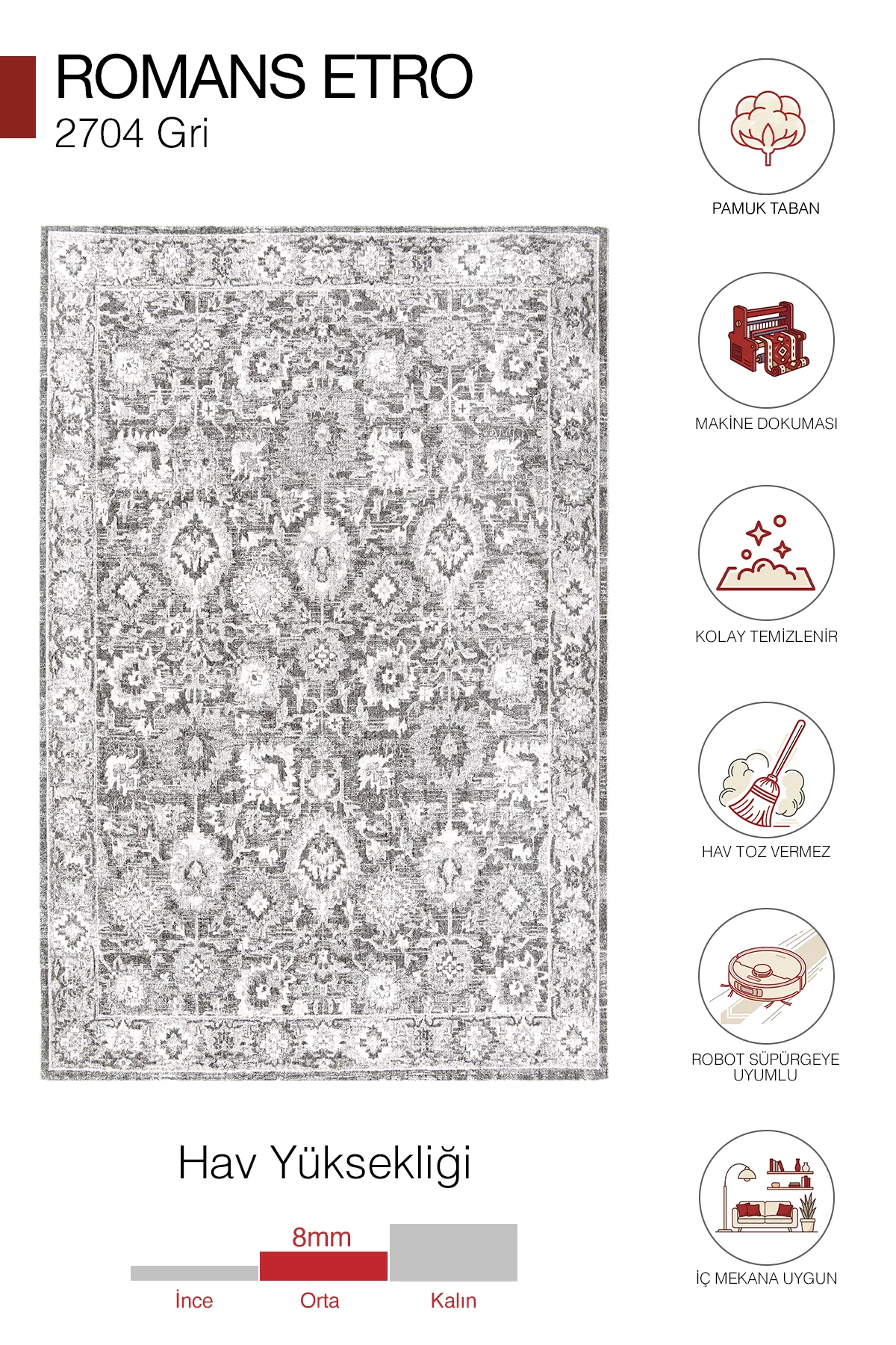 Romans Etro 2704 Gri - Çerçeveli Vintage Halı