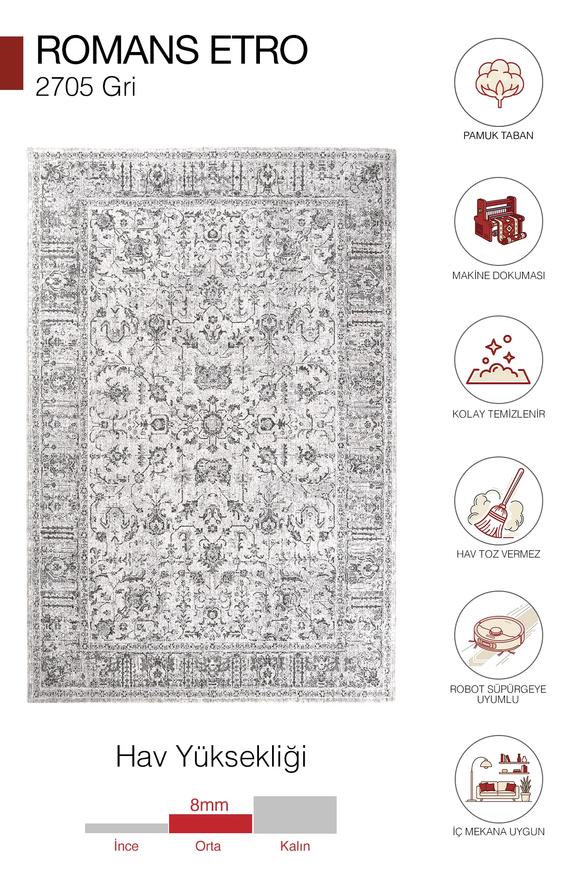 Romans Etro 2705 Gri - Çerçeveli Vintage Halı