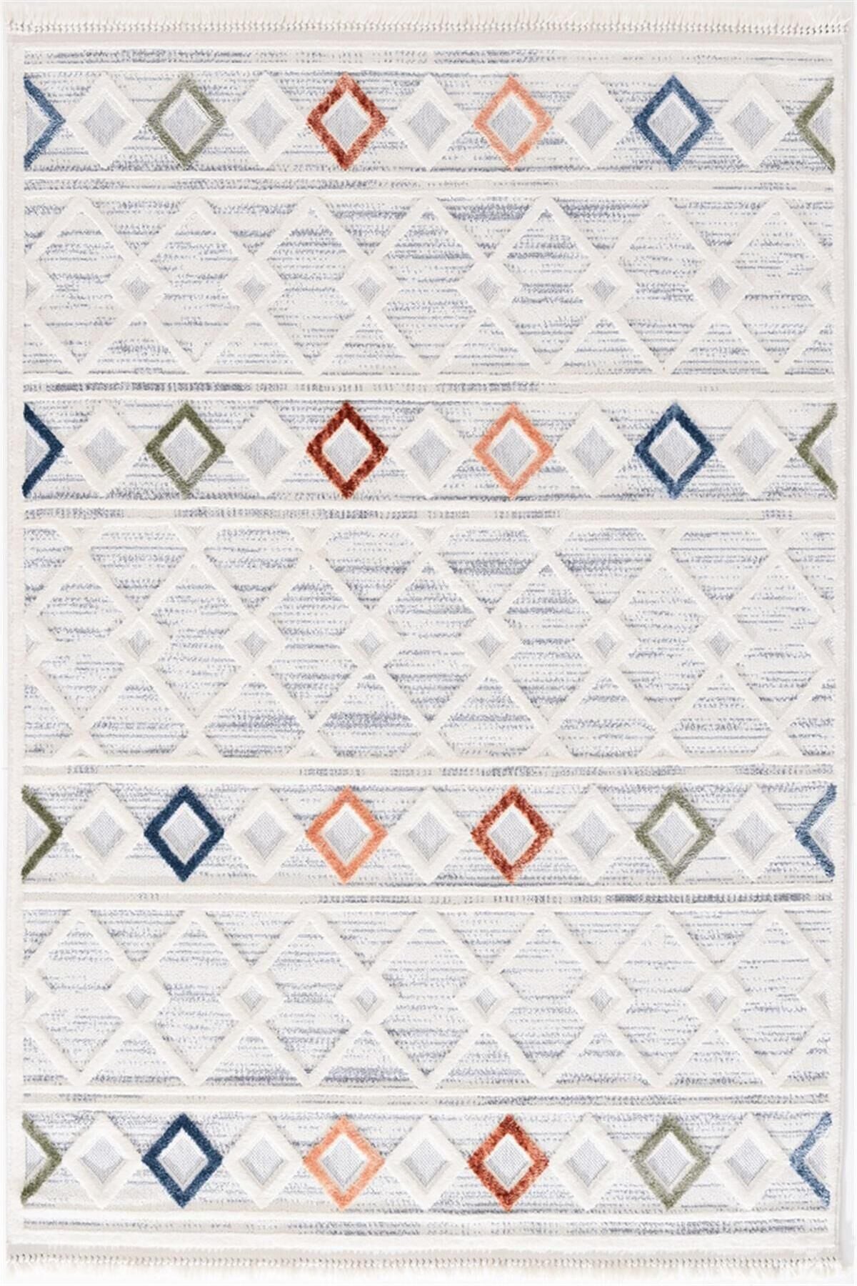 Dekorenti Polo 7805 Multi - Modern Etnik Baklava Desenli Örgü Saçaklı Halı