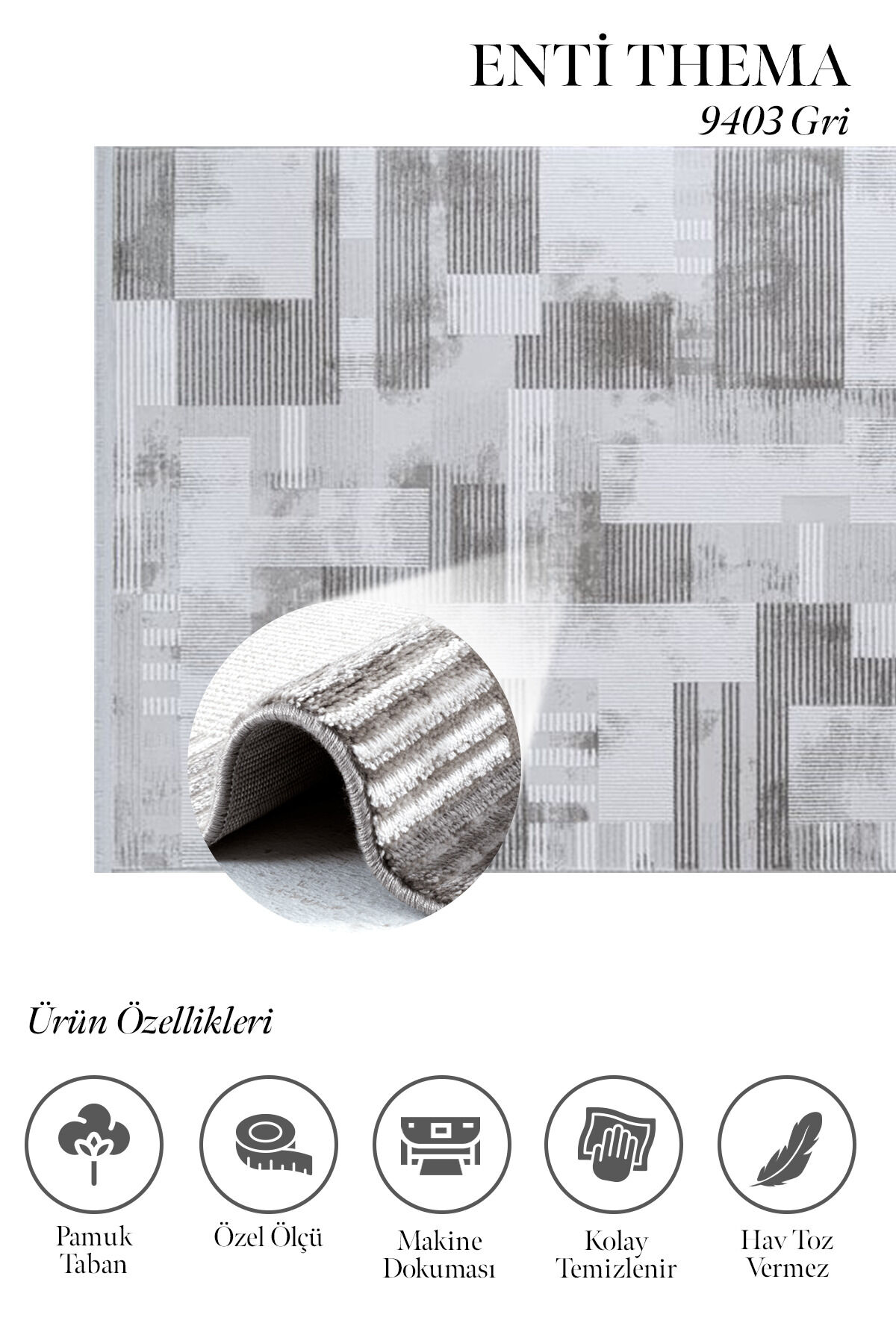 Enti Thema 9403 Gri - Modern Geometrik Desenli Akrilik Halı