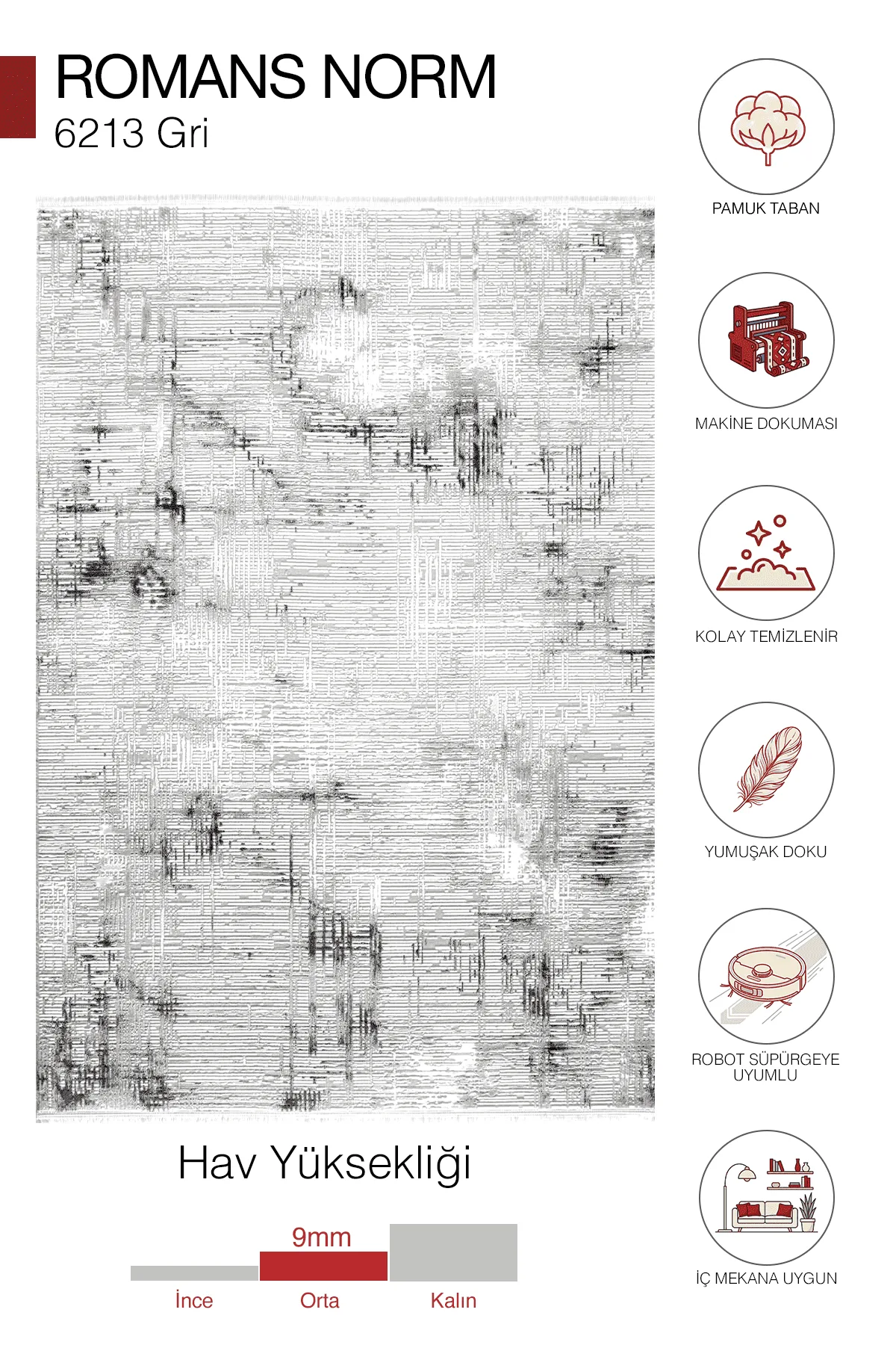 Romans Norm 6213 Gri - Pamuk Tabanlı Akrilik Makine Halısı