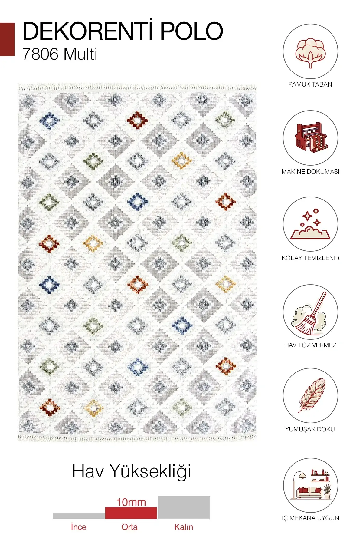 Dekorenti Polo 7806 Multi - Modern Renkli Geometrik Motifli Örgü Saçaklı Halı